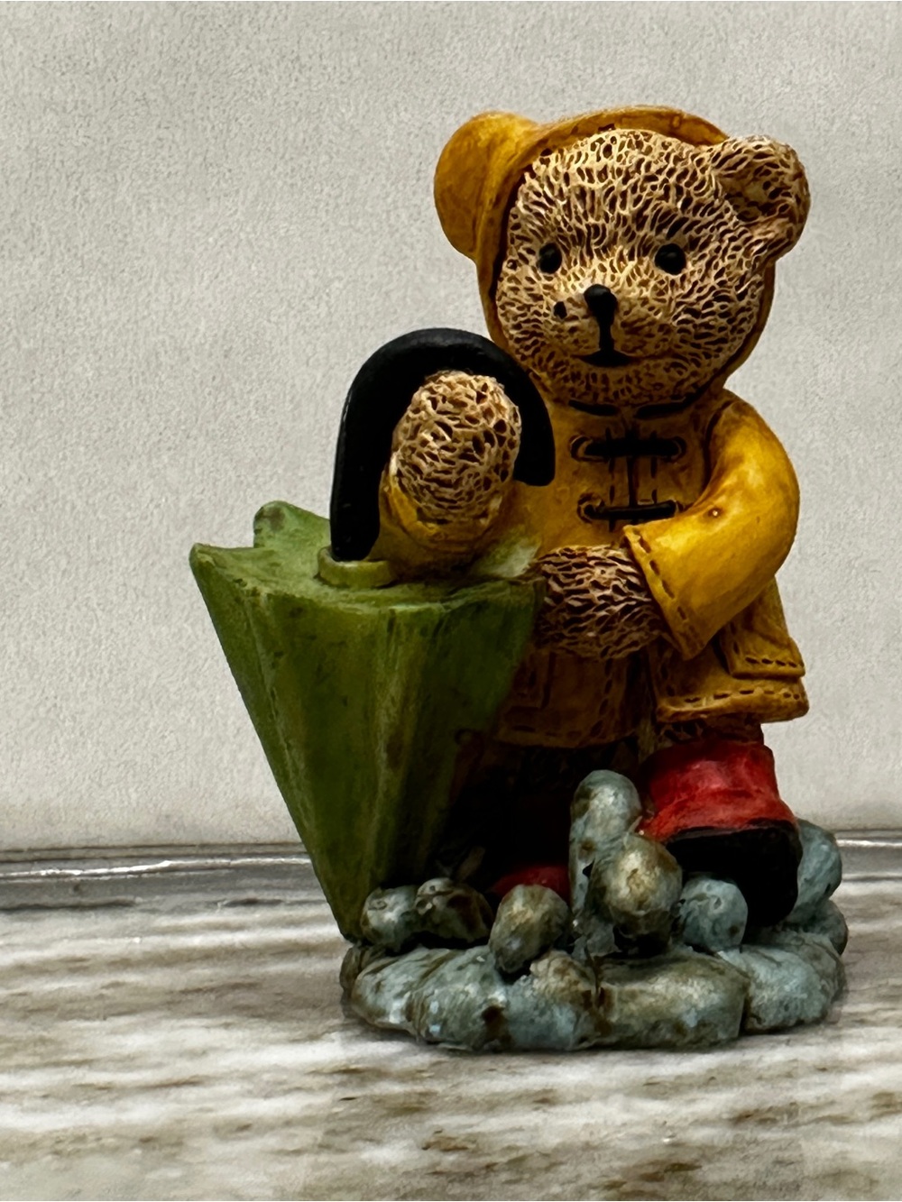 Bear Figurine in Yellow Raincoat with Green Umbrella - Home Art